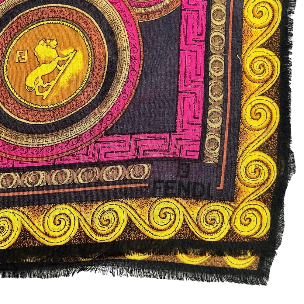 FENDI WOOL & SILK ZODIAC SIGNS IN BLUE, BLACK, PINK & GOLD FOULARD SCARF - Picture 5 of 14